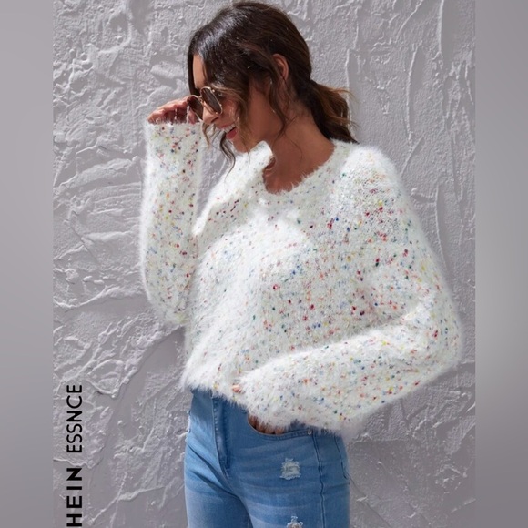 SHEIN Rainbow Color Speckled Fuzzy Crew Neck Long Sleeve Sweater - Size Medium - Picture 2 of 9